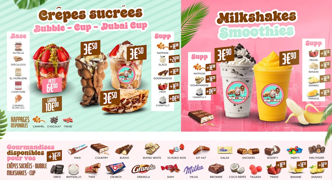 Planche menu : crêpes sucrées, bubbles, milkshakes et smoothies
